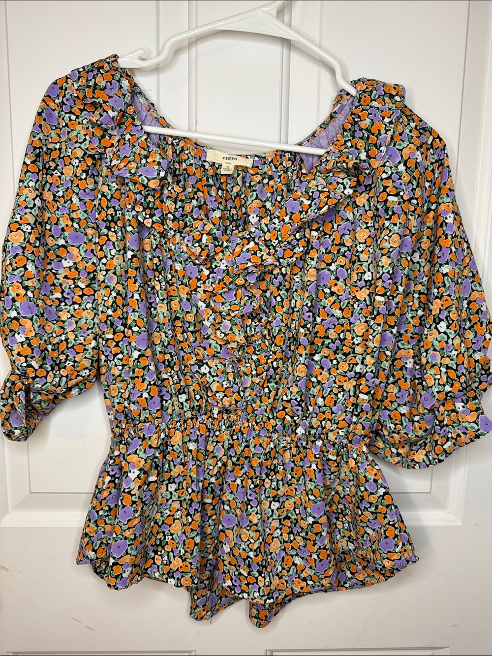 entro Black Floral Ruffle Peplum Blouse with Purple & Orange Accents